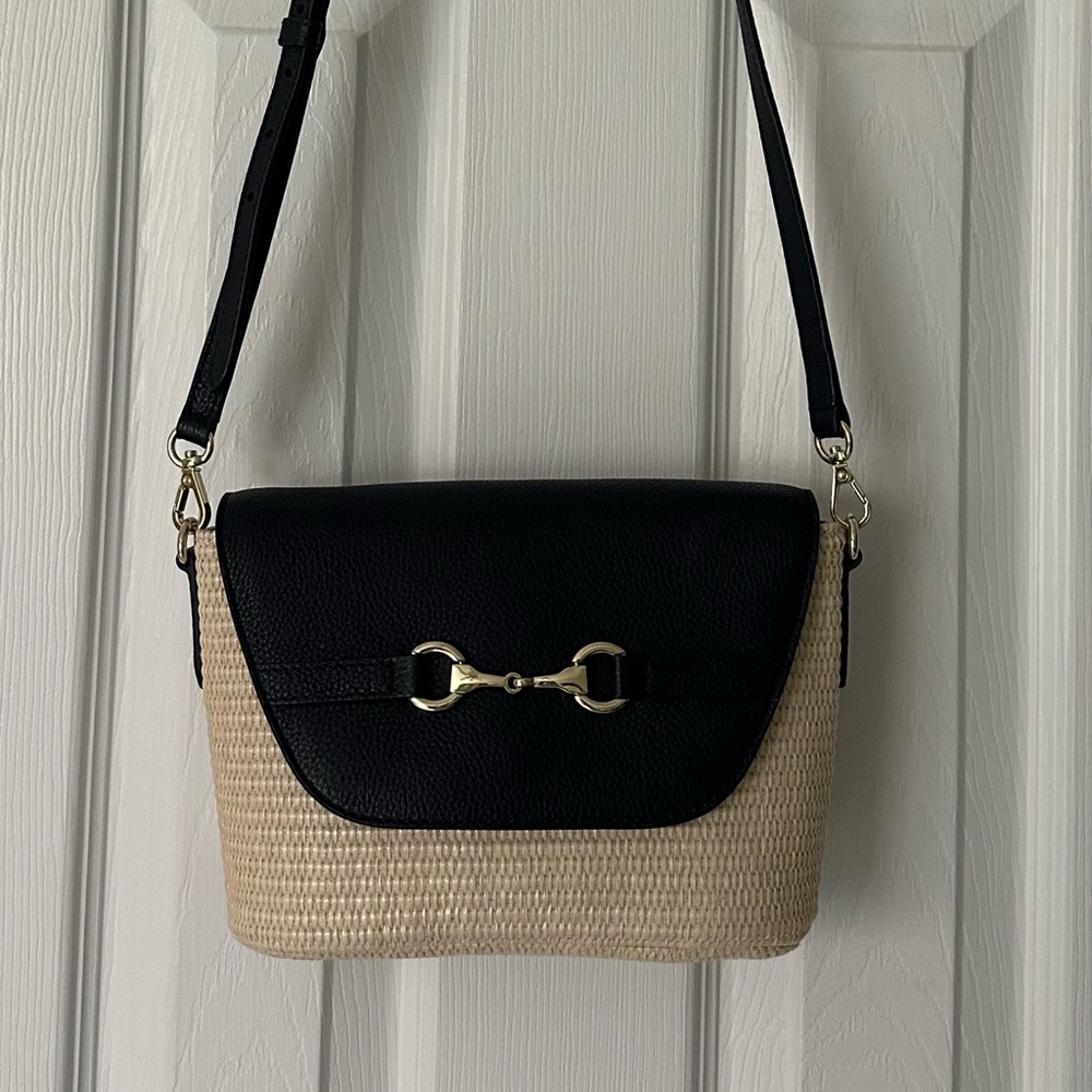 Talbots Navy Blue Leather-Trim Straw Crossbody Bag